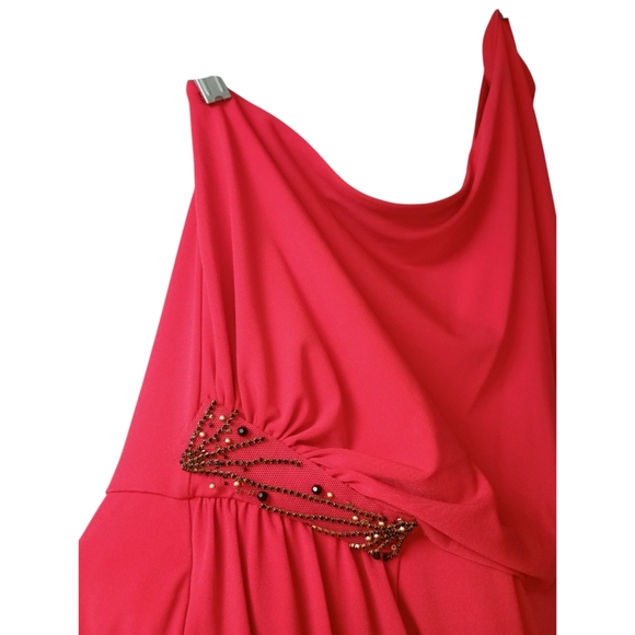 Calvin Klein Vibrant Red 1 Shoulder Dress Beaded Ruched Waist Accent Holidays 14 - Picture 2 of 10